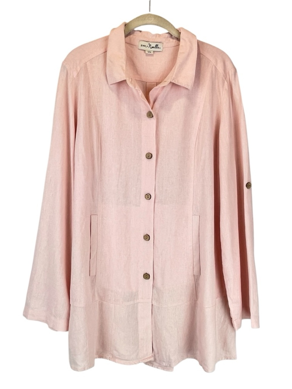 Simply Noelle Button Front Tunic Blush Pink Linen Blend Roll Tab Sleeve Sz M/L